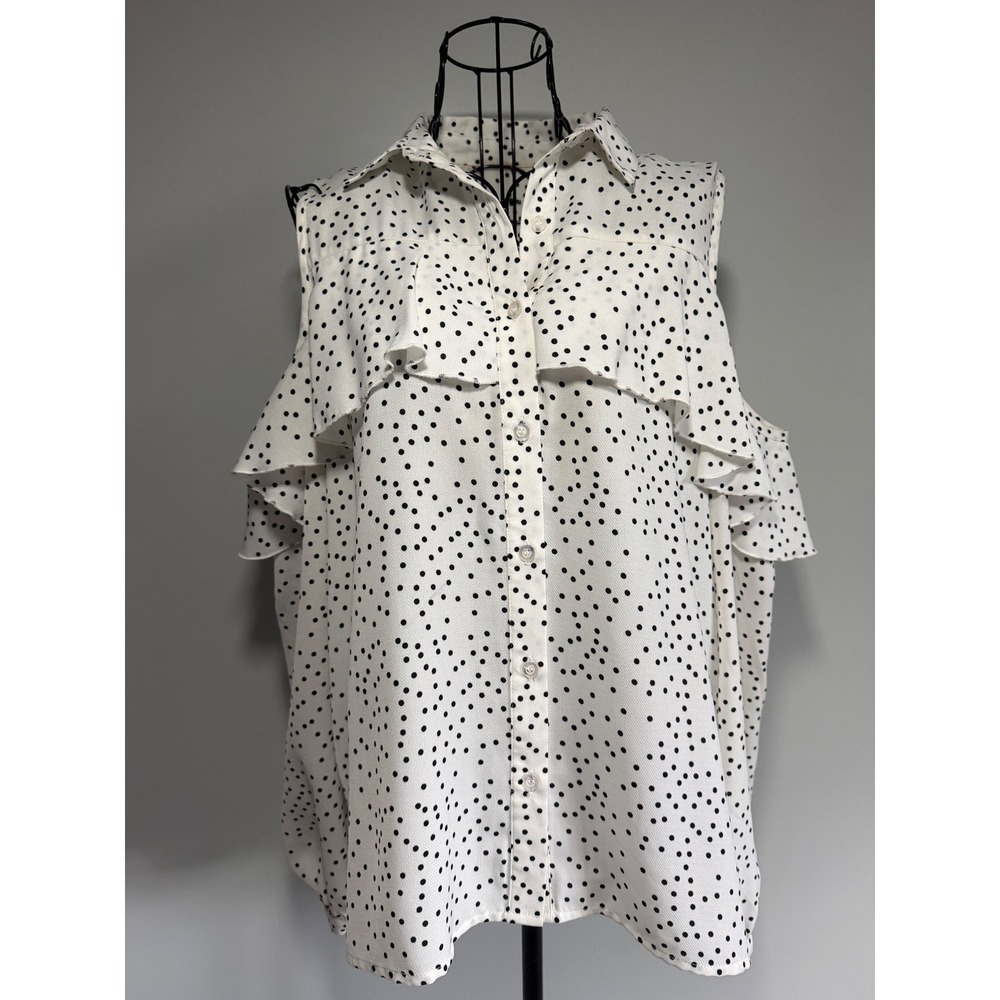 Charlie Paige White Black Polka‎ Dot Cold Shoulder Ruffle Button Down Blouse